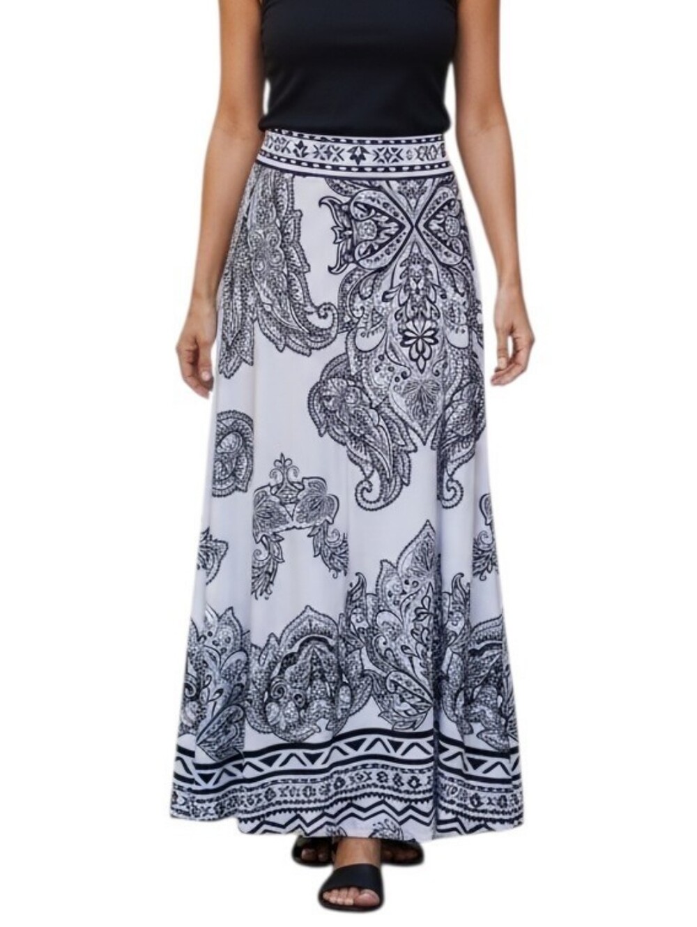 INC International Concepts Black and White Paisley Maxi Skirt Size XS